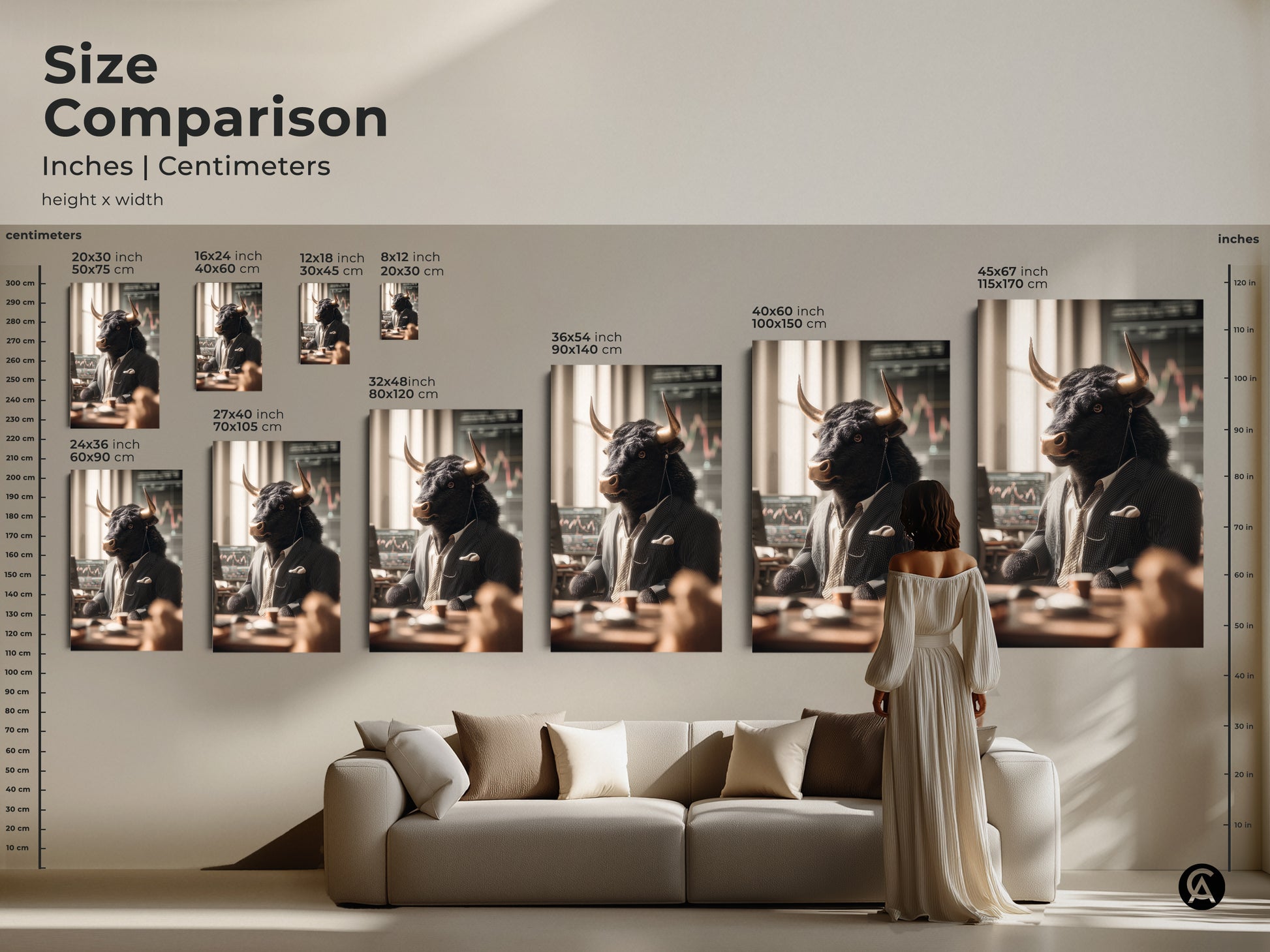 Size comparison of bull stock trader artwork in various dimensions. Inches and centimeters are included. Artwork sizes range from small to large. See how this unique art piece fits in different room settings and wall sizes.