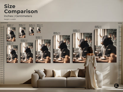 Size comparison of bull stock trader artwork in various dimensions. Inches and centimeters are included. Artwork sizes range from small to large. See how this unique art piece fits in different room settings and wall sizes.