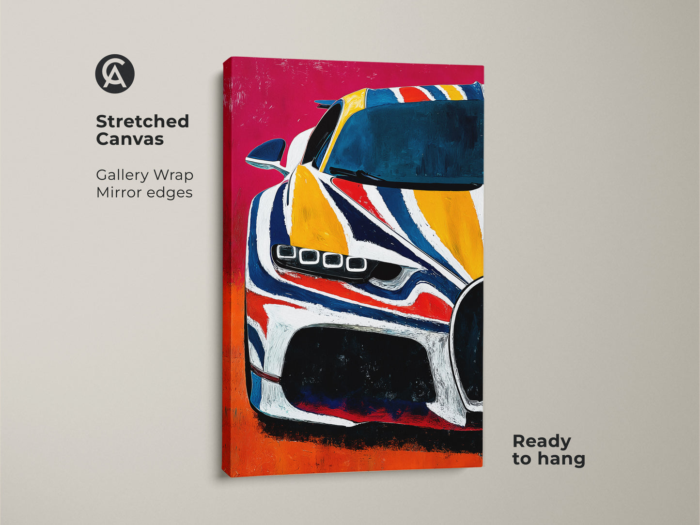 Stretched canvas featuring abstract supercar wall art. The modern automotive artwork uses yellow blue and red hues. Gallery wrap with mirror edges makes it ready to hang. Enhance a man cave or garage decor.