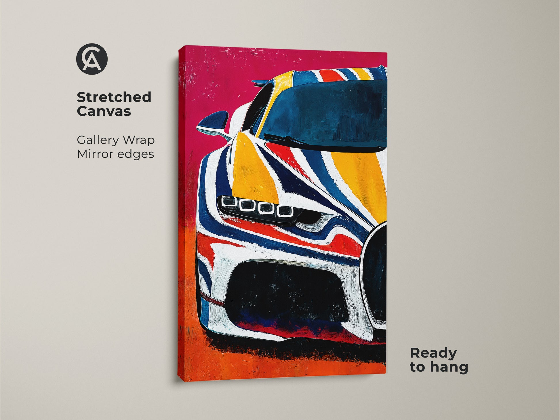 Stretched canvas featuring abstract supercar wall art. The modern automotive artwork uses yellow blue and red hues. Gallery wrap with mirror edges makes it ready to hang. Enhance a man cave or garage decor.