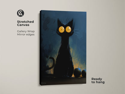 A stretched canvas print of black cat wall art. This Halloween cat print adds a gothic touch to your home decor. It's a perfect gift idea for cat lovers. The big yellow eyes make this artwork pop.