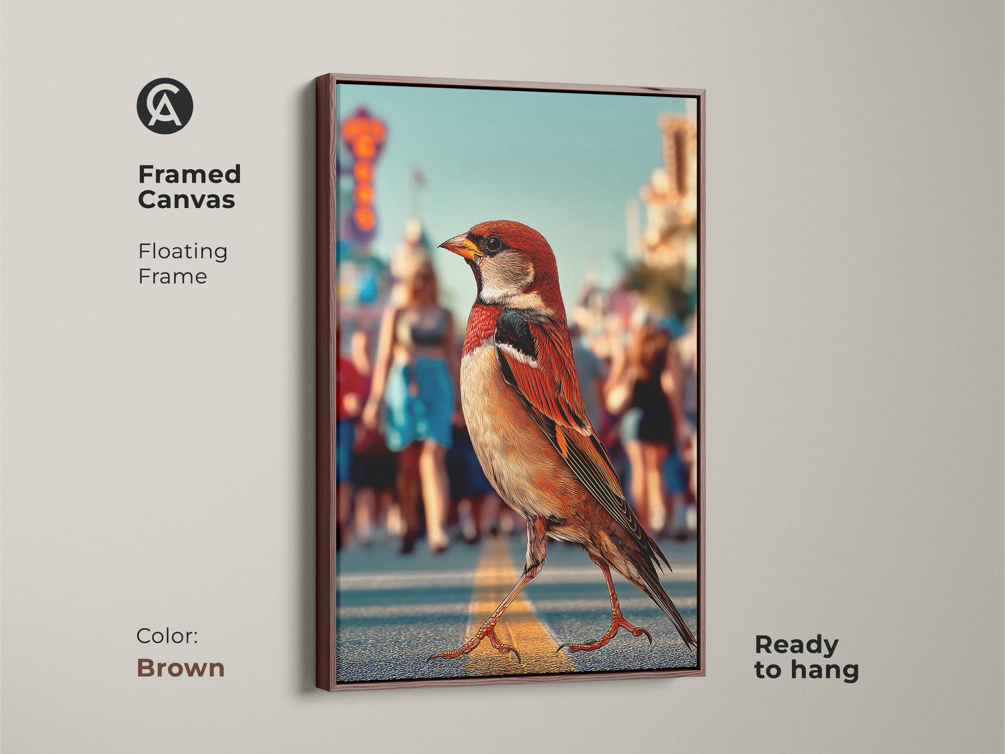 Framed canvas featuring a sparrow in an urban street scene ready to hang. The floating frame is brown which complements the contemporary art. This urban wildlife canvas art uses orange brown teal colors perfect for modern entryway decor for nature and city lovers.