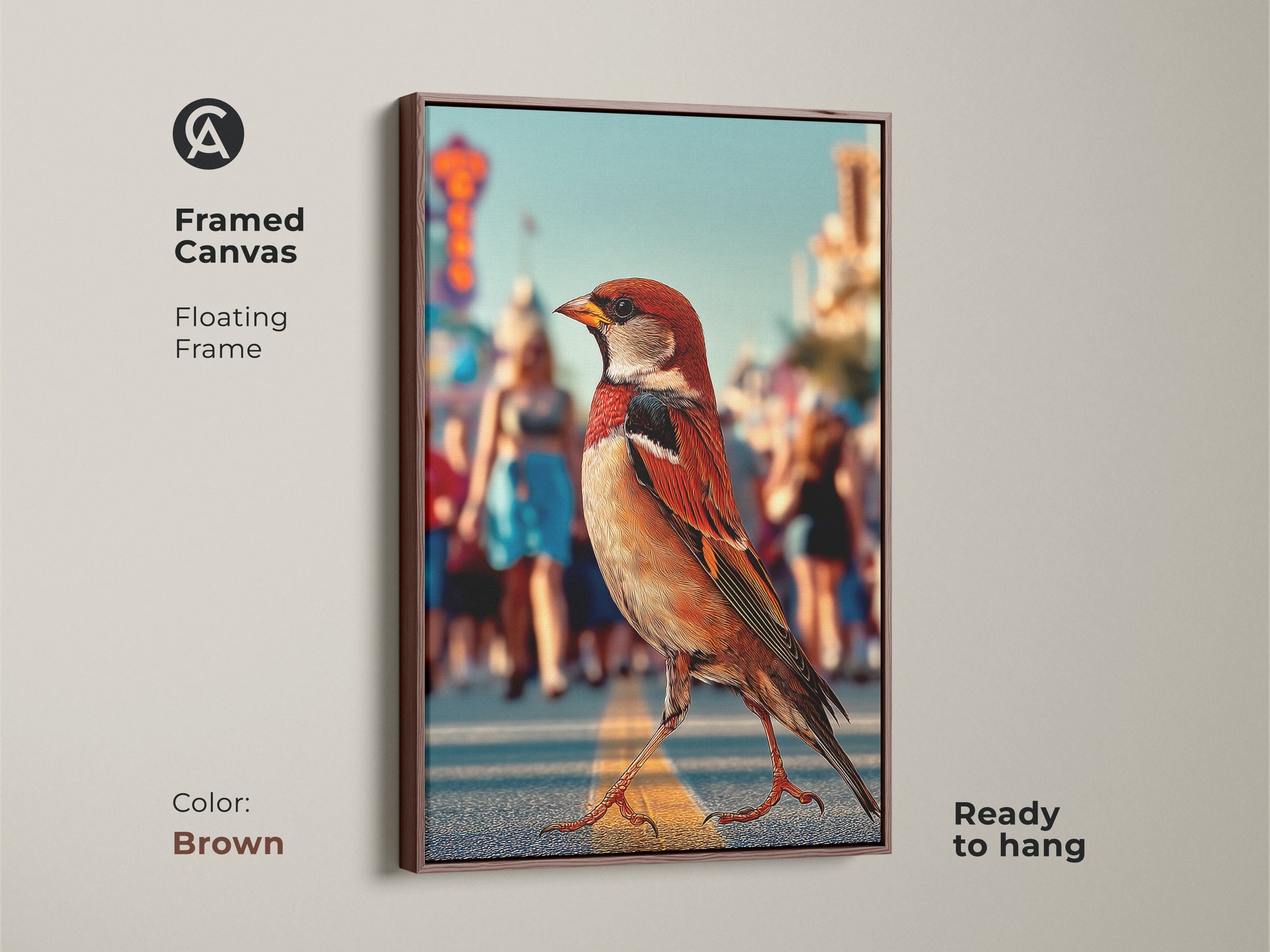 Framed canvas featuring a sparrow in an urban street scene ready to hang. The floating frame is brown which complements the contemporary art. This urban wildlife canvas art uses orange brown teal colors perfect for modern entryway decor for nature and city lovers.