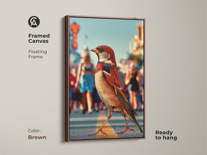 Framed canvas featuring a sparrow in an urban street scene ready to hang. The floating frame is brown which complements the contemporary art. This urban wildlife canvas art uses orange brown teal colors perfect for modern entryway decor for nature and city lovers.