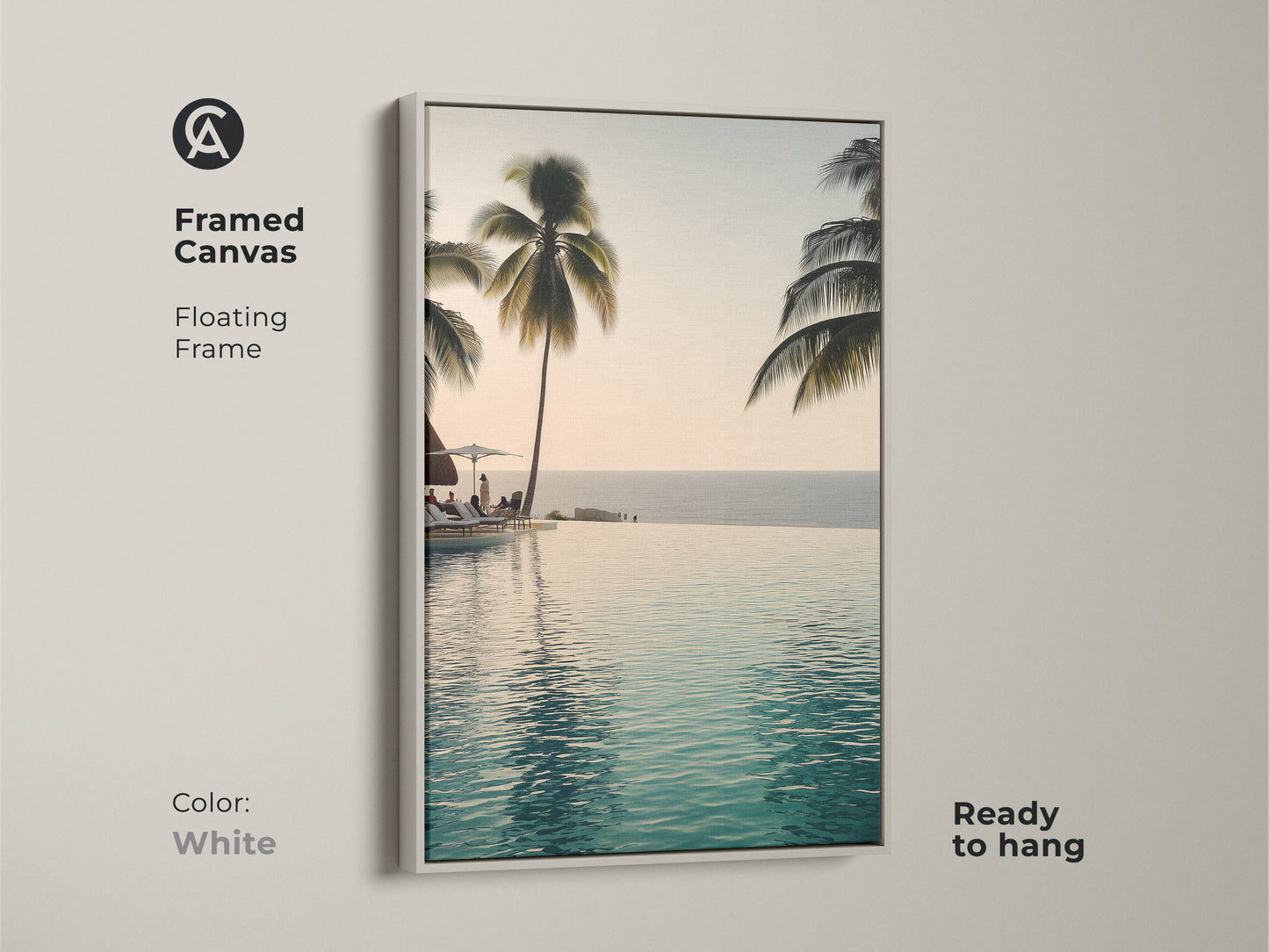 This framed canvas features an infinity pool with palm trees. A floating frame in white makes it ready to hang. Enjoy a coastal ocean view with this tropical beach landscape artwork.