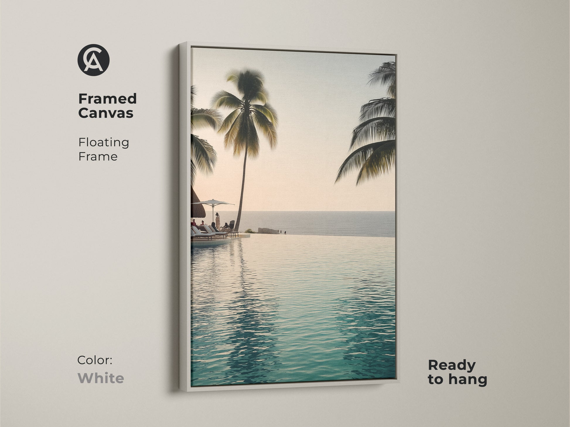 This framed canvas features an infinity pool with palm trees. A floating frame in white makes it ready to hang. Enjoy a coastal ocean view with this tropical beach landscape artwork.