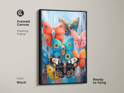 Framed canvas featuring surreal mechanical butterflies with a floating frame. Its ornate wings and teal orange blue hues offer eclectic home decor. This insect artwork is ready to hang with a black frame.