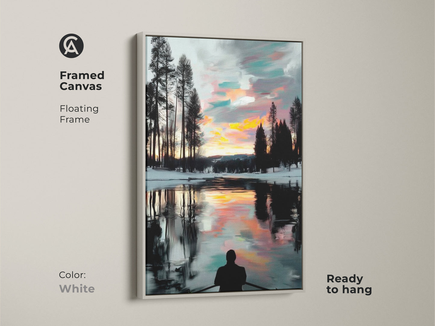 This framed canvas captures a rowboat at sunset on a calm winter day. The white floating frame accentuates the impressionistic nature art. The wall art is ready to hang and will give a serene touch to any room.