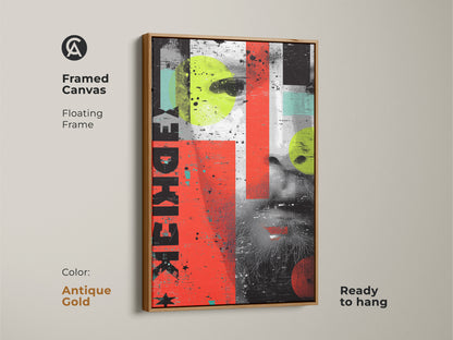 This framed canvas print displays an abstract portrait. The antique gold floating frame adds a touch of elegance to the grunge collage. Its red yellow and teal tones create a captivating artwork. A distinctive piece of eclectic home decor. Perfect as a unique art collector present.