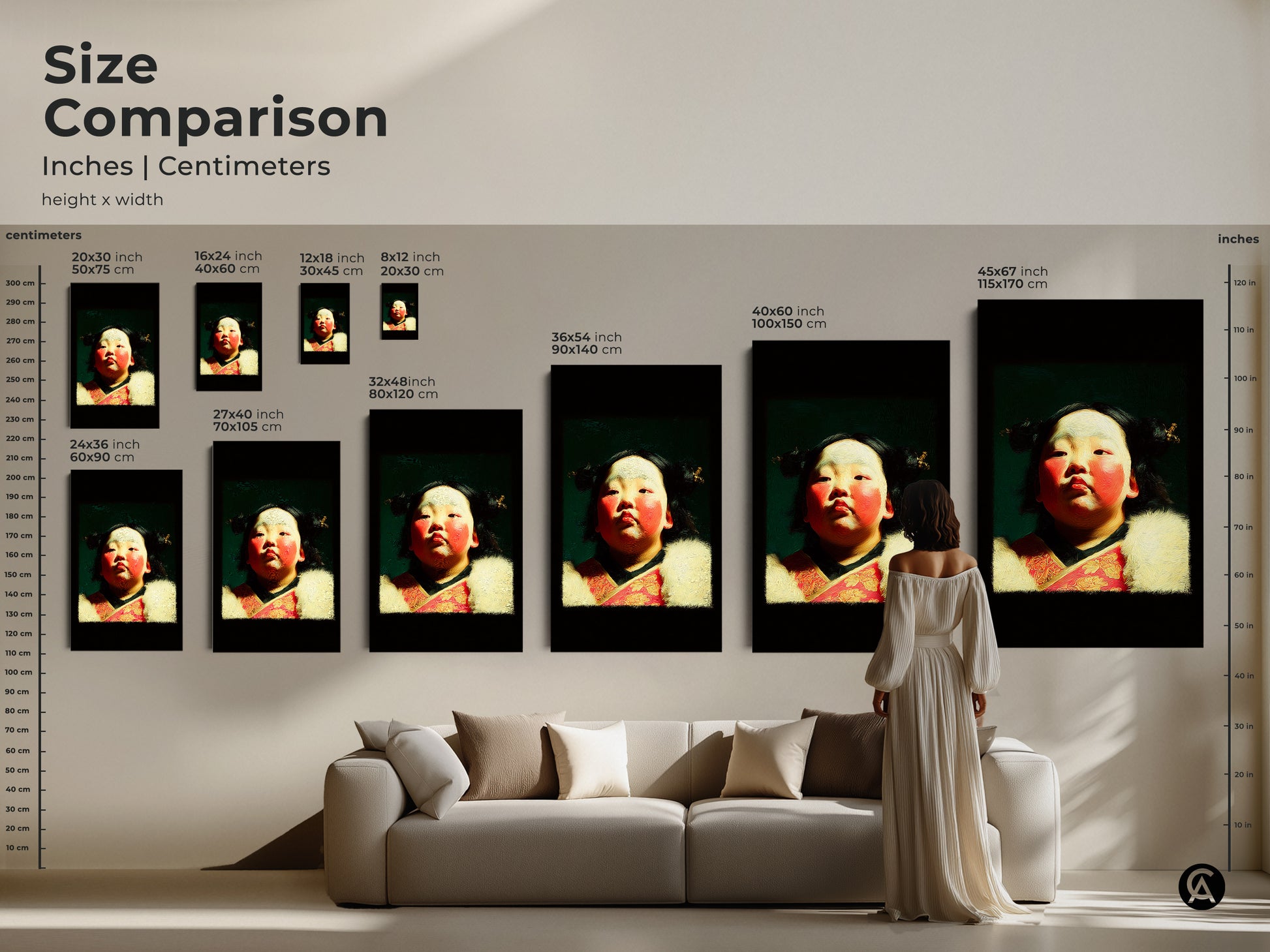 Size comparison of a cultural child portrait oil painting style art print. See how the art fits above a couch. It's ideal eclectic home decor. The unique cultural artwork makes a birthday gift wall decor.