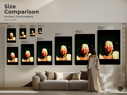 Size comparison of a cultural child portrait oil painting style art print. See how the art fits above a couch. It's ideal eclectic home decor. The unique cultural artwork makes a birthday gift wall decor.