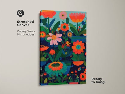 Stretched canvas displays abstract floral wall art with a boho botanical theme. It features a dark blue orange and teal color palette. Ready to hang this modern folk art artwork makes an ideal housewarming gift for her. Plant lovers will adore this unique bedroom wall art.