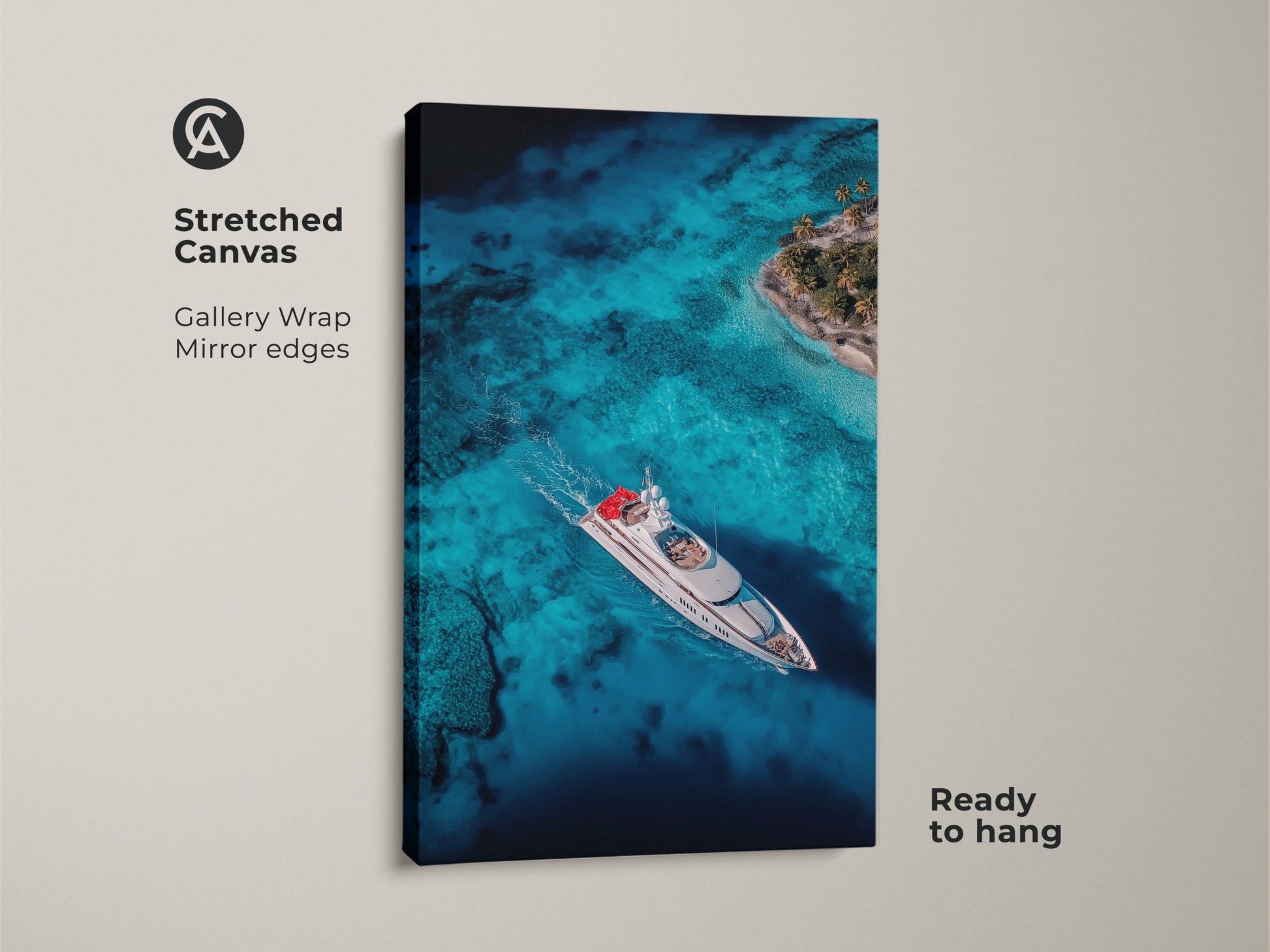 Stretched canvas artwork featuring a luxury yacht sailing in crystal-clear turquoise waters near an island. The gallery-wrapped canvas has mirrored edges giving a modern look. This ready-to-hang artwork captures the essence of tropical paradise. Ideal for adding a touch of elegance to your home decor with nautical themes.