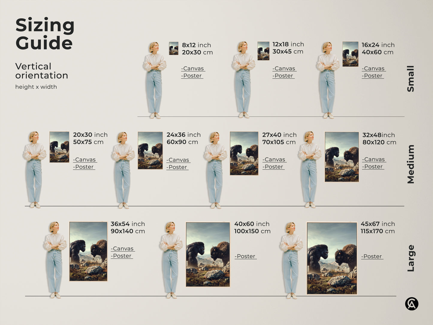 Sizing guide for vertical Gorilla and Bison canvas or poster. See how this rustic wildlife art fits different wall sizes. Perfect for adding a touch of nature to your home or office with earth tone artwork.