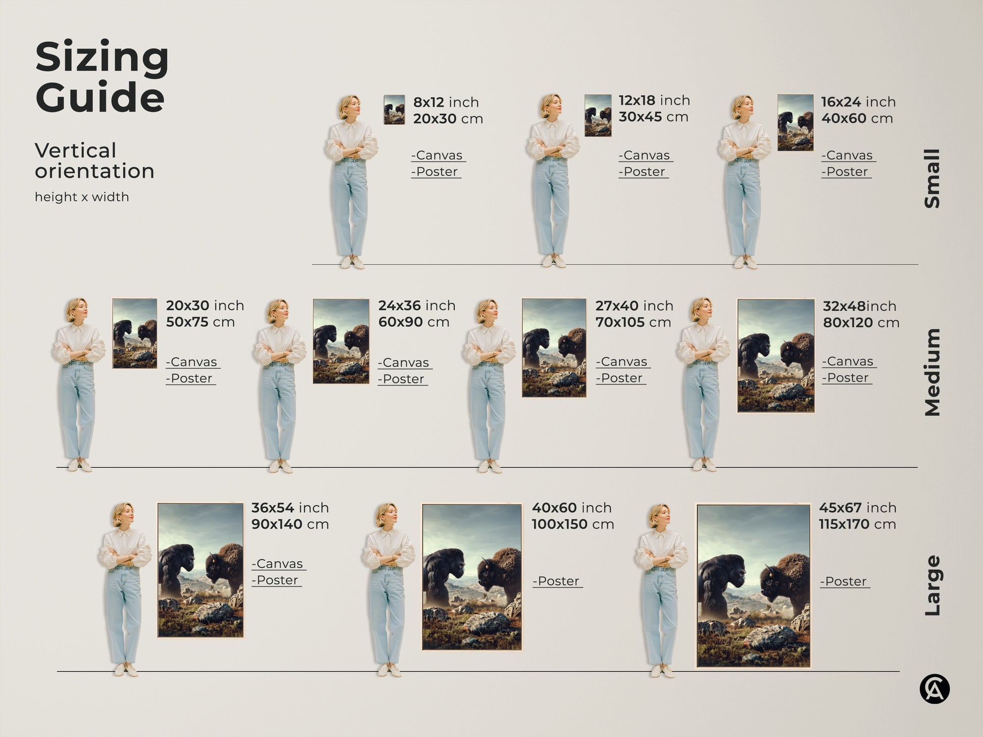 Sizing guide for vertical Gorilla and Bison canvas or poster. See how this rustic wildlife art fits different wall sizes. Perfect for adding a touch of nature to your home or office with earth tone artwork.