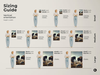 Sizing guide for vertical Gorilla and Bison canvas or poster. See how this rustic wildlife art fits different wall sizes. Perfect for adding a touch of nature to your home or office with earth tone artwork.