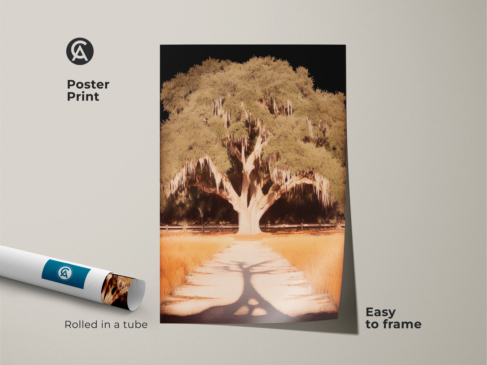 A striking tree poster print. The artwork showcases a grand tree with mossy branches. Rolled in a tube this art is easy to frame. Ideal for residential wall decor. This botanical artwork adds an artistic element to any room.