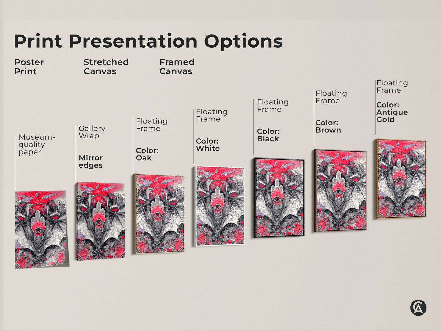 Print presentation options for gothic bat third eye artwork. Choose from poster prints stretched canvases and framed canvases. Find the perfect dark art for your gothic home decor.