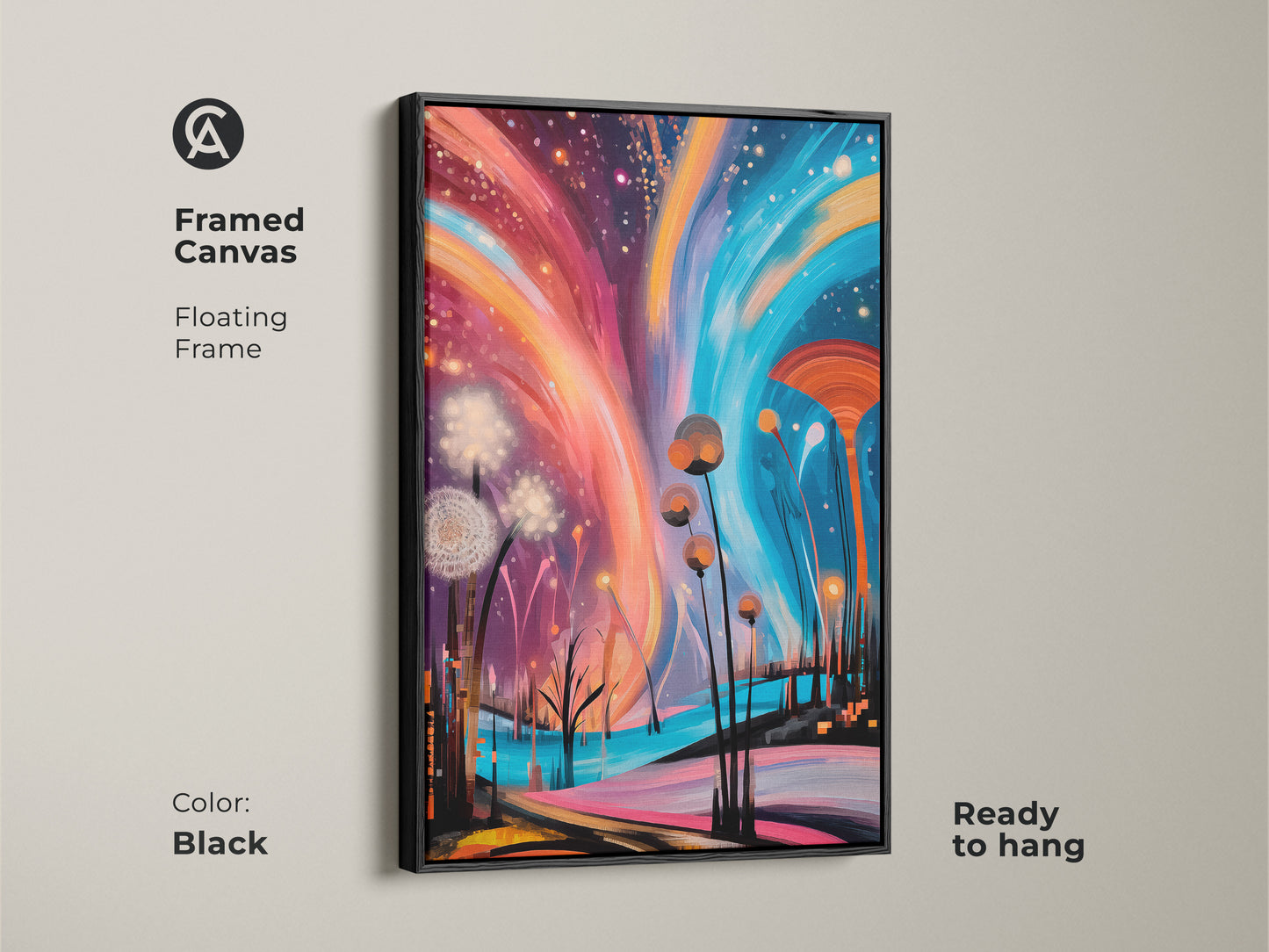 Framed in black the abstract dandelion canvas print has an ethereal quality. The fantasy nature artwork uses warm oranges and cool blues. Deep purples accent the eclectic look. This modern eclectic art comes ready to hang. The vibrant abstract canvas makes a great gift for an art collector.
