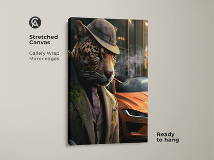 Stretched canvas print of a dapper leopard. The surreal animal art features mirror edges. It's ready to hang. A unique animal print is in neo noir style. Orange vintage car in background. Ideal as a cat lover gift.