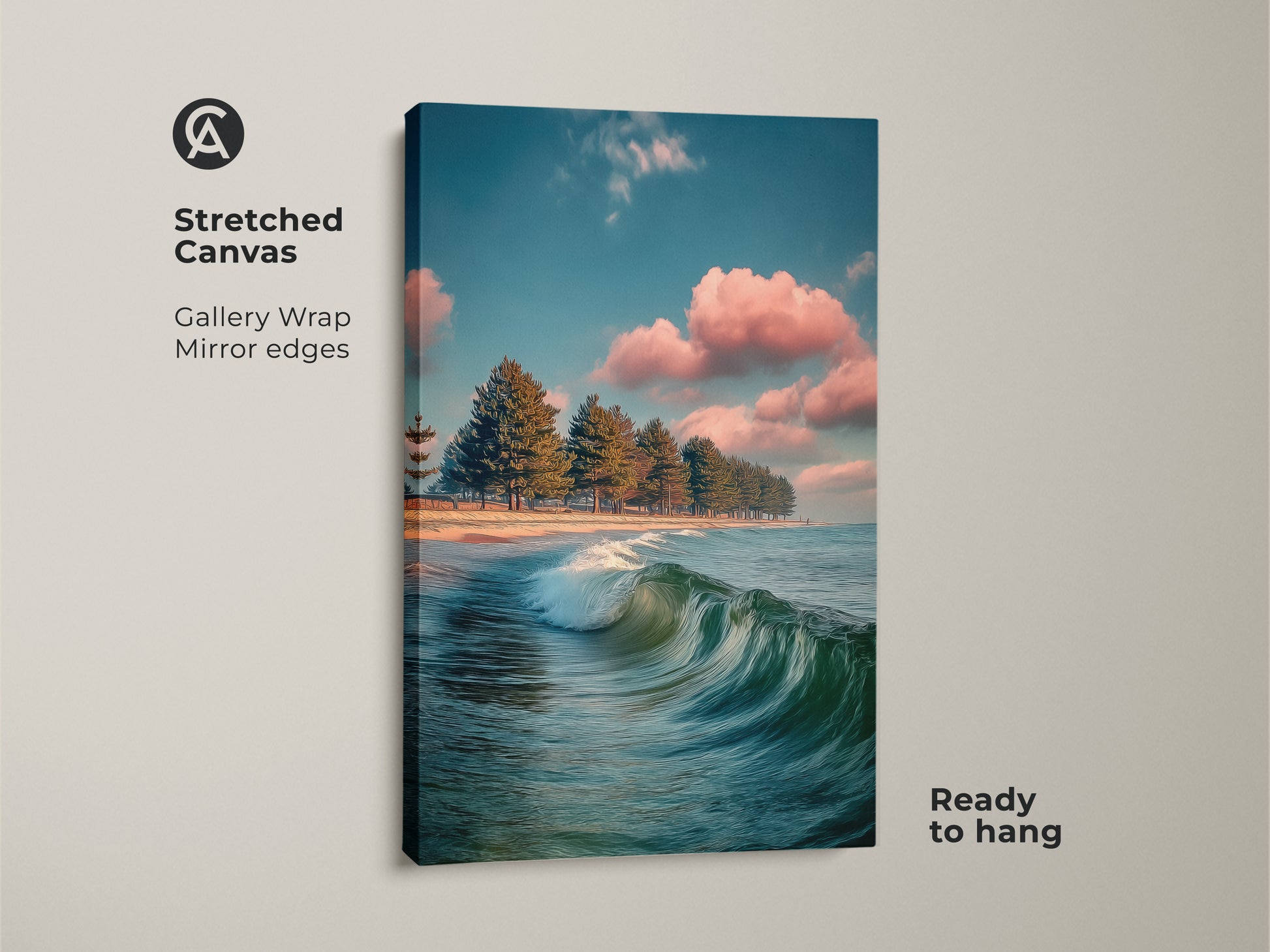 Stretched canvas featuring coastal landscape print. See the teal blue wall art of ocean waves. Pine trees decorate the beach. It's contemporary ocean artwork on a gallery wrap. Mirror edges enhance the beauty. Ready to hang for easy decoration.
