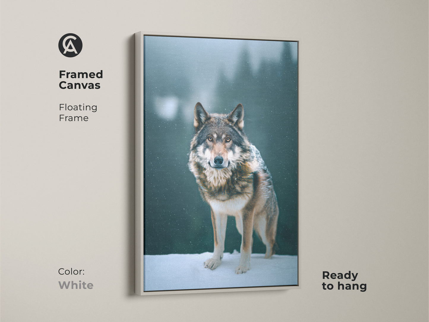 Framed wolf canvas artwork with a clean white floating frame. This elegant piece showcases a photorealistic wolf in its natural habitat. The gray brown teal art complements any modern space. Ready to hang this print makes a perfect housewarming gift for animal lovers.