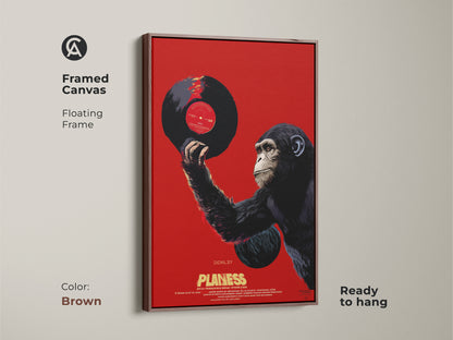 Framed canvas art with a chimpanzee and vinyl record. The brown floating frame complements this retro pop art. The eclectic music wall art features dark gray and red tones. This chimpanzee portrait canvas is ready to hang. Ideal wall decor for record collectors.