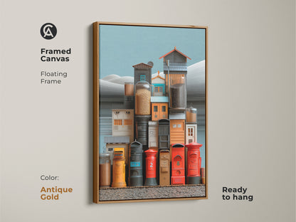 Antique gold framed canvas featuring a surreal urban art print. The architectural still life highlights post boxes and jars. Red yellow teal colors add vibrancy. Ready to hang this eclectic artwork offers a unique housewarming gift that brings urban charm.