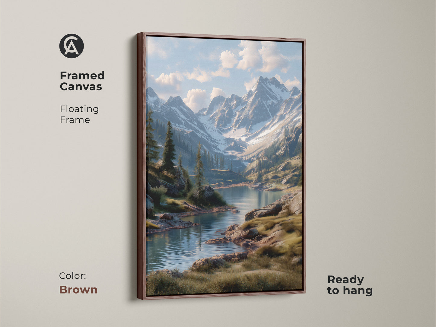 Framed canvas displaying a serene mountain landscape artwork. The floating frame complements the scenic painting. A brown frame adds warmth to any space. Ready to hang this artwork enhances your home decor. Perfect wall art for nature enthusiasts.
