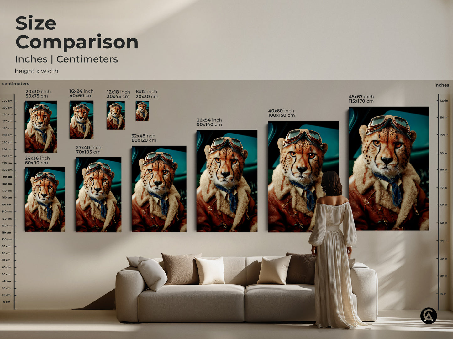Size comparison of cheetah aviator prints. Inches and centimeters chart for artwork sizes 20x30 to 45x67. Helping you choose the perfect scale for your space whether it's a small accent or a large statement piece.
