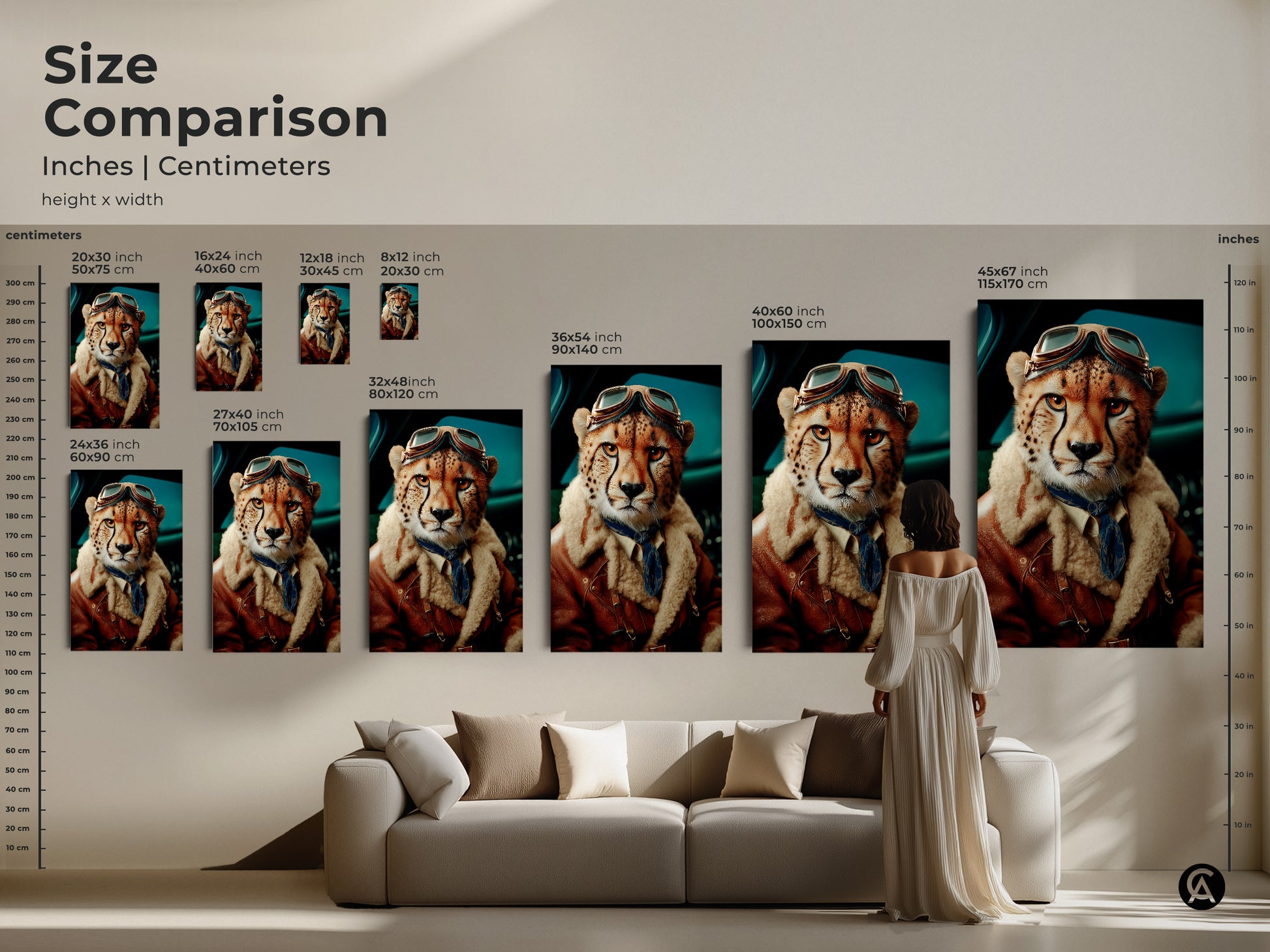 Size comparison of cheetah aviator prints. Inches and centimeters chart for artwork sizes 20x30 to 45x67. Helping you choose the perfect scale for your space whether it's a small accent or a large statement piece.