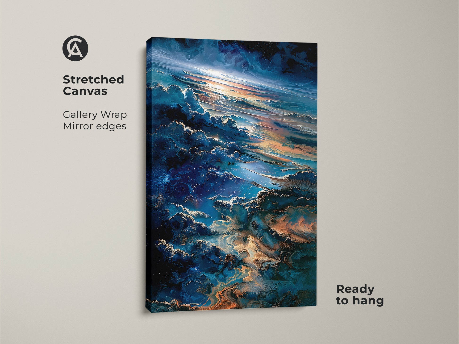 Gallery-wrapped stretched canvas featuring a mesmerizing skyscape. The artwork has mirror edges and is ready to hang. The celestial scene showcases clouds in blues and golds. Enhance your space with this contemporary canvas art.
