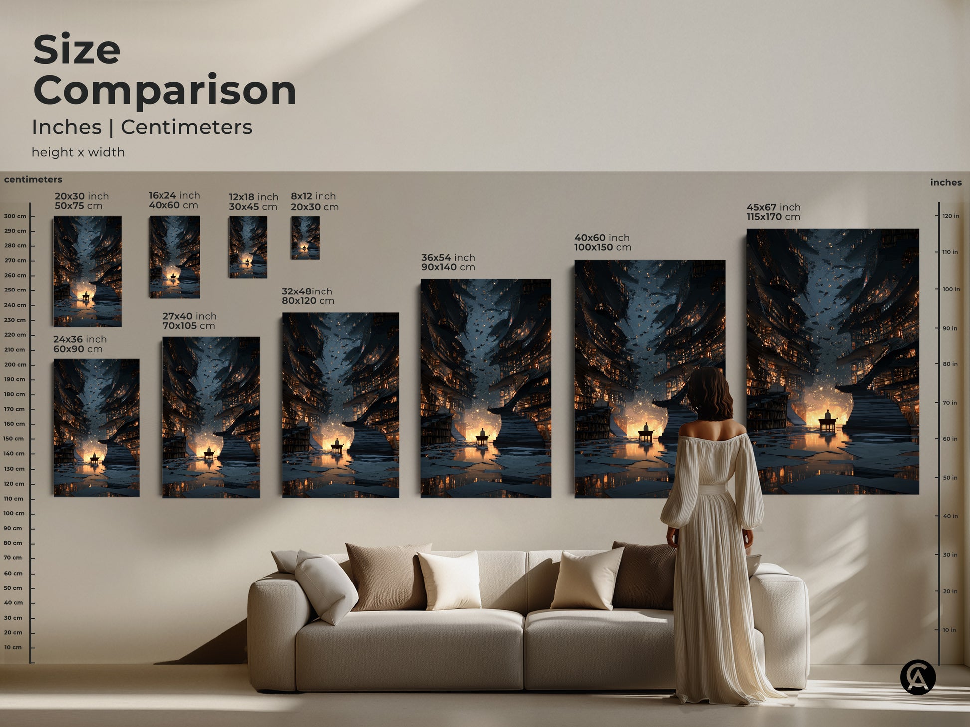 Size comparison of surreal library art prints in inches and centimeters. This fantasy bookstore canvas comes in various sizes. Choose the ideal fit for your eclectic office decor or study room wall decor.
