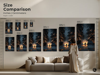 Size comparison of surreal library art prints in inches and centimeters. This fantasy bookstore canvas comes in various sizes. Choose the ideal fit for your eclectic office decor or study room wall decor.