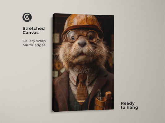 A stretched canvas print showcases a steampunk otter. The detailed animal portrait is ready to hang. Its gallery wrapped with mirror edges. This retro animal artwork is ideal for adding industrial flair to your home decor. Perfect as a unique gift for engineers or otter enthusiasts.