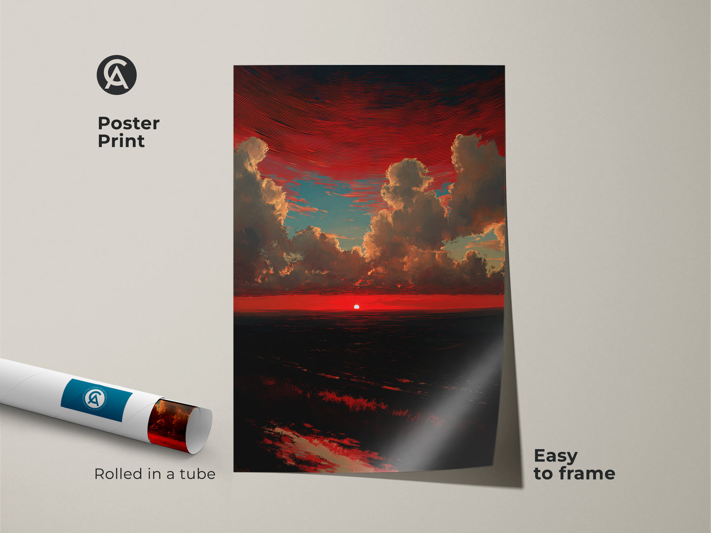 Poster print of a crimson sunset rolled in a tube. This red and teal skyscape wall decor is easy to frame. It is a dramatic skyscape and nature landscape artwork. A contemporary bedroom art for nature lovers. A unique wall art decor indeed.