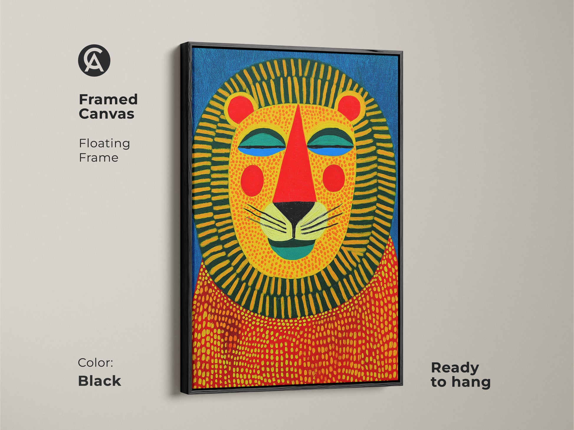 Framed canvas of a colorful lion art print. This floating frame comes in black. The geometric animal face is perfect for adding a modern folk art touch to your home. It is ready to hang and enjoy.
