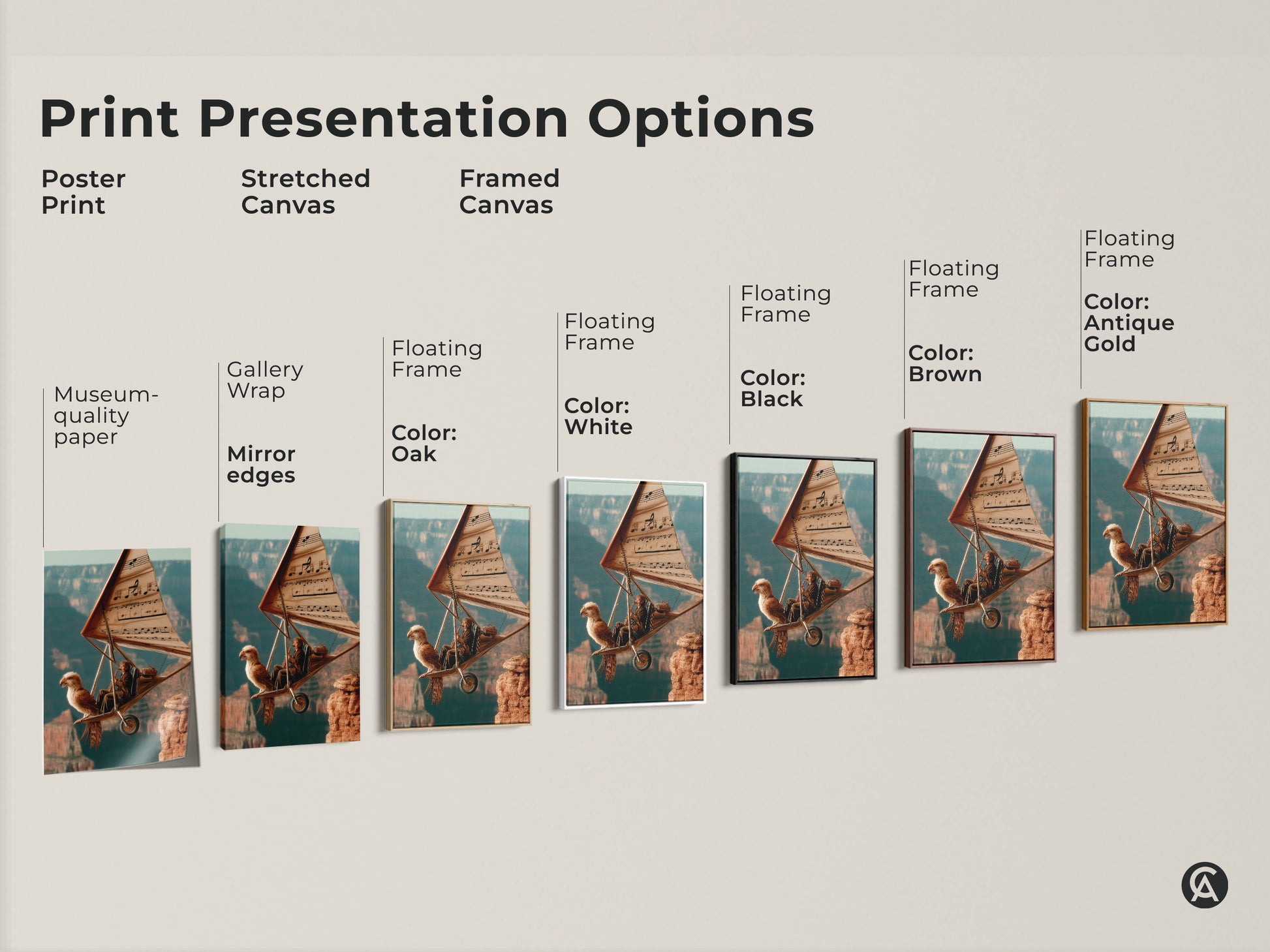 Print Presentation Options for Surreal Flight Canvas Art. Options include poster print stretched canvas and framed canvas. Floating frame options include oak white black brown and antique gold. Choose the perfect style for this imaginative musician eagle artwork.