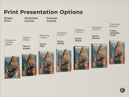 Print Presentation Options for Surreal Flight Canvas Art. Options include poster print stretched canvas and framed canvas. Floating frame options include oak white black brown and antique gold. Choose the perfect style for this imaginative musician eagle artwork.