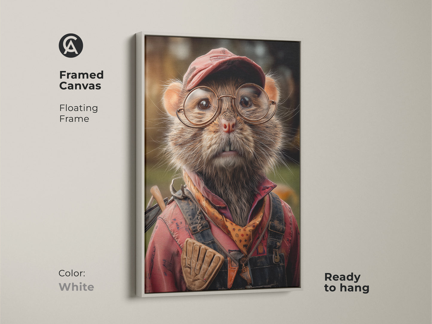 A white framed canvas presents a charming mouse wall artwork. The art is a unique gift for outdoorsman. This eclectic animal art print is ready to hang. This piece adds personality and nature-inspired fun to any room. The white frame enhances the detailed mouse illustration.