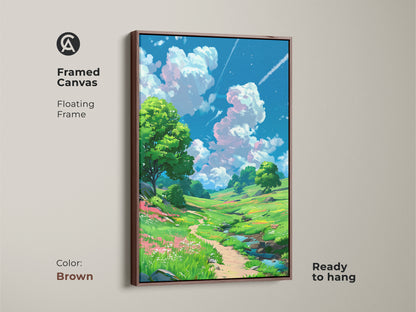 Framed canvas artwork displaying a serene landscape. The path leads through a green meadow with colorful wildflowers. Trees stand tall under a blue sky with fluffy clouds. The brown floating frame complements the natural scene. Ready to hang.