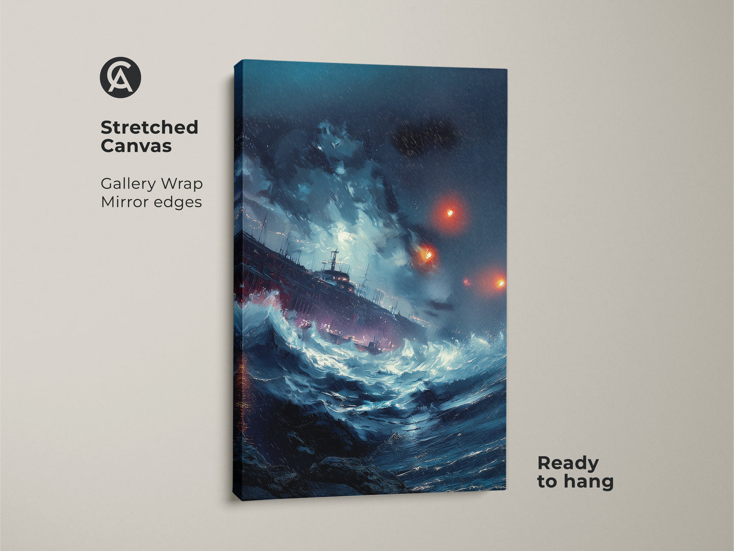 Stretched canvas featuring stormy sea ship art. Deep blue ocean waves print on gallery wrap canvas. Teal maritime wall art ready to hang. It is a nautical office decor gift.