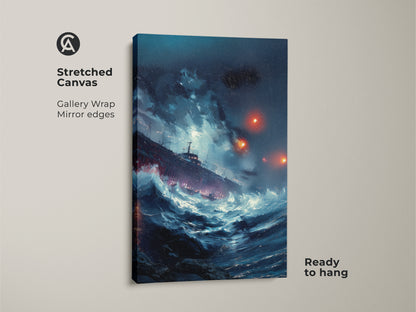 Stretched canvas featuring stormy sea ship art. Deep blue ocean waves print on gallery wrap canvas. Teal maritime wall art ready to hang. It is a nautical office decor gift.