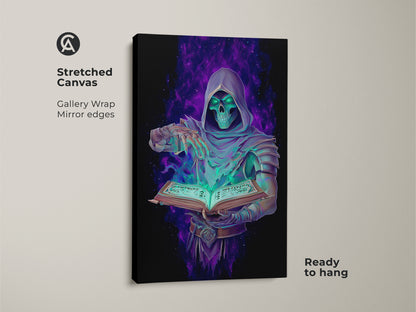 Elevate your space with this dark fantasy canvas print. The gothic occult wall art showcases a Grim Reaper with spellbook. It's emerald purple digital art. Perfect as a fantasy fan gift this skull hooded figure art brings occult magic to your home.