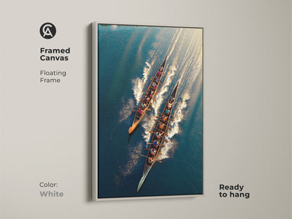 Framed canvas art with a white floating frame features rowing team in action. This aerial view sports art embodies teamwork and competition. Ready to hang. Perfect for office wall decor. The teal blue and gold tones add sophistication. Ideal for rowers.