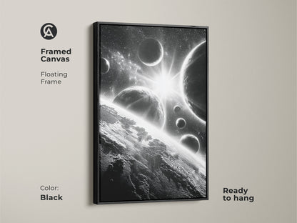 Framed canvas of space art. This black framed artwork features planets and stars. Ready to hang and adds a touch of elegance to any room. The black frame enhances the monochrome image. A perfect gift for space enthusiasts.