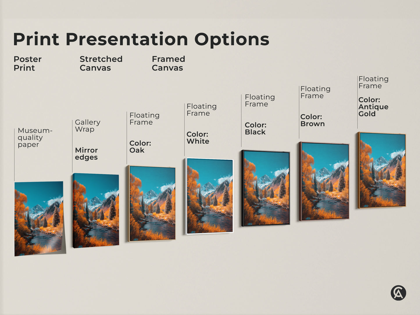 Explore print presentation options for mountain river landscape artwork. Choose from poster prints stretched canvas or framed canvas. Select a floating frame in colors like oak white black brown or antique gold. Find the perfect art piece to complement your style and space.