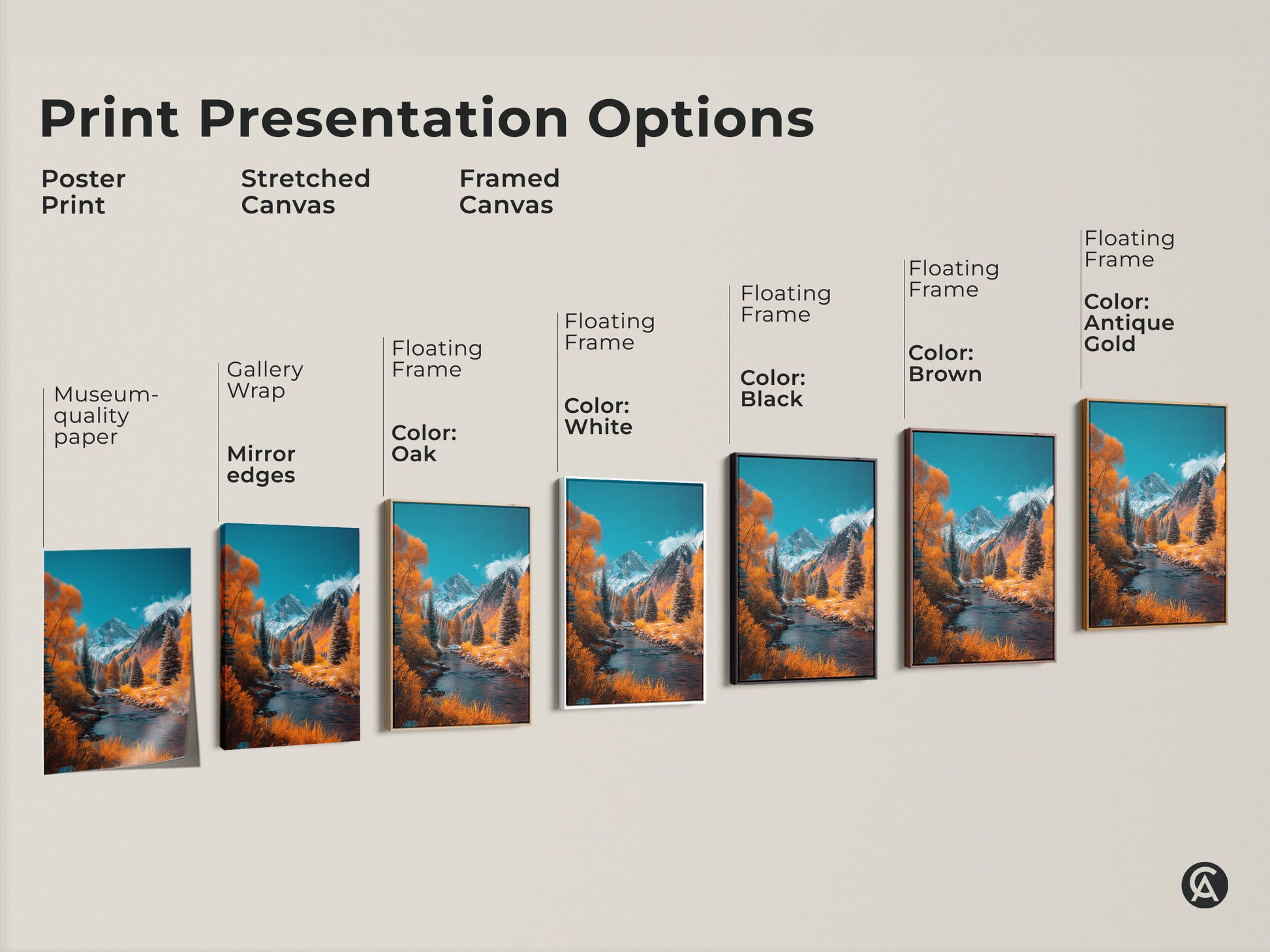 Explore print presentation options for mountain river landscape artwork. Choose from poster prints stretched canvas or framed canvas. Select a floating frame in colors like oak white black brown or antique gold. Find the perfect art piece to complement your style and space.