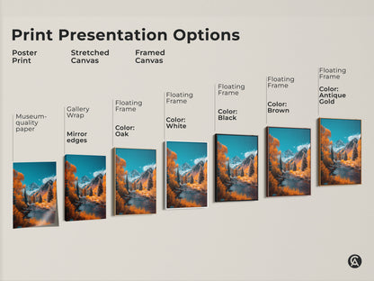 Explore print presentation options for mountain river landscape artwork. Choose from poster prints stretched canvas or framed canvas. Select a floating frame in colors like oak white black brown or antique gold. Find the perfect art piece to complement your style and space.