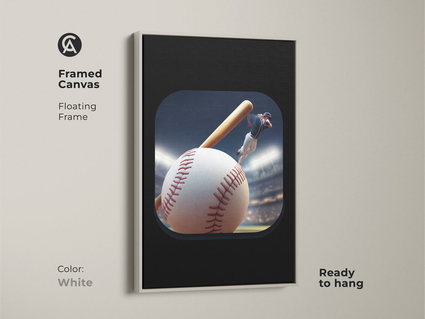 Framed canvas art with baseball player action. Modern baseball art print with a floating frame in white. A sports wall art for a man cave. Contemporary baseball decor as a great gift for baseball fan dad. Enjoy this dynamic sports artwork at home.